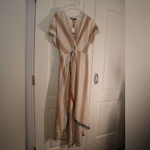 Striped Cream Maxi Wrap Dress with Multicolor Pom Accent